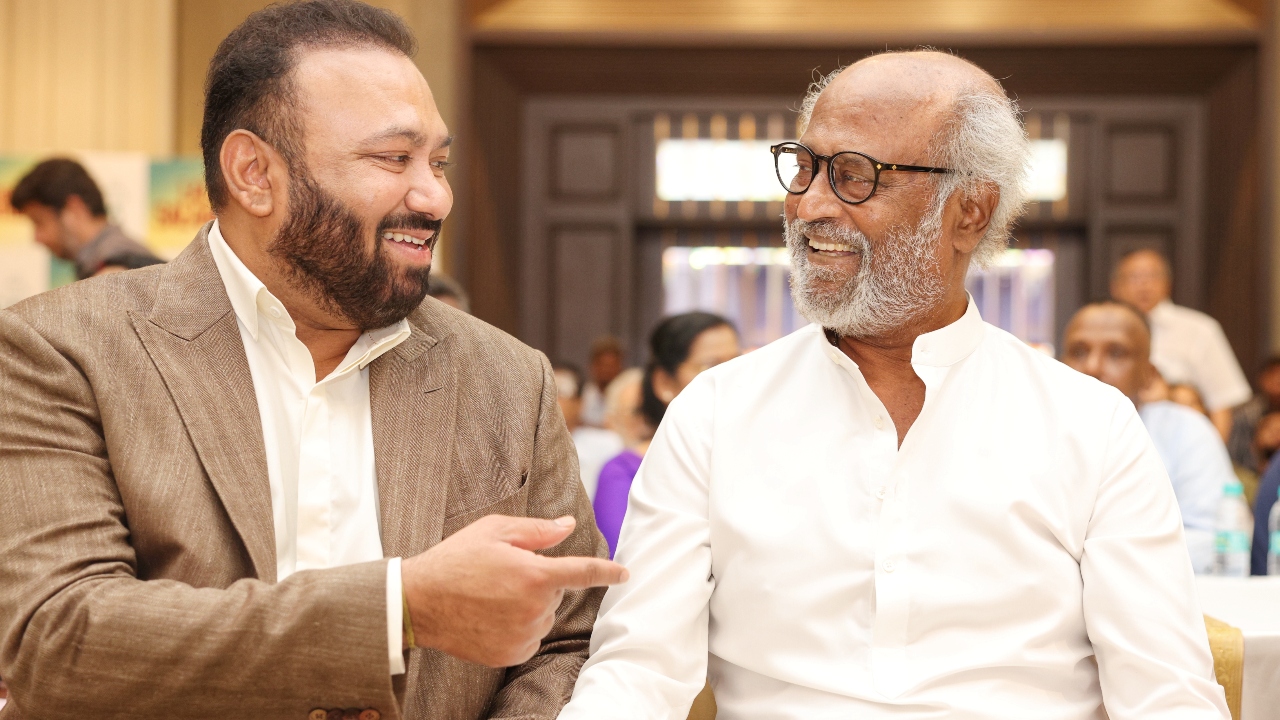 Subaskaran shares a light moment with 'Thalaivar' Rajinikanth during the movie pooja of 'Lal Salaam' in Chennai. Credit: Special Arrangement