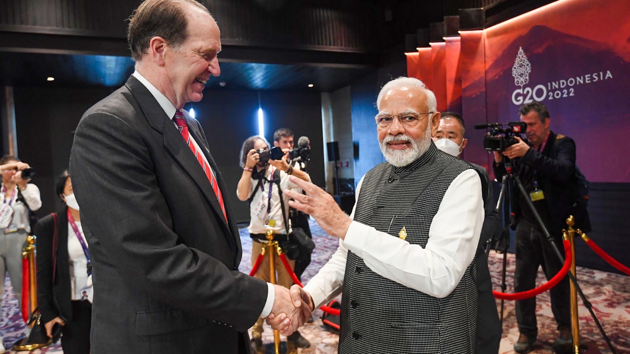 Prime Minister Narendra Modi with President of the World Bank David R. Malpass on the sidelines of the G20 Summit, in Bali. Credit: PMO
