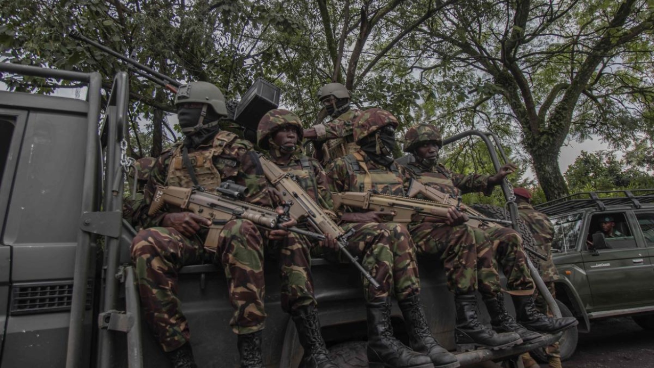 Kenyan soldiers sit on a vehicle in Goma, eastern Democratic Republic of Congo, on November 16, 2022. Credit: AFP Photo