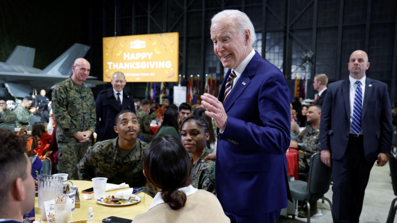 Joe Biden talks to troops during a visit at the Marine Corps Air Station in Cherry Point, North Carolina. Credit: Reuters Photo