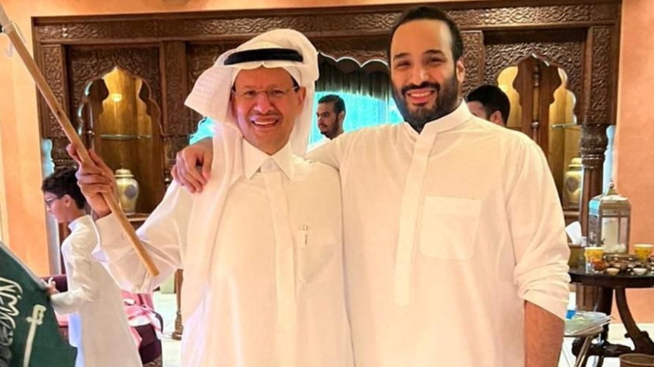 Crown Prince of Saudi Arabia Mohammed bin Salman and Minister of Energy Prince Abdulaziz bin Salman Al-Saud pose for a photo as they celebrate after their team's win in Riyadh. Credit: Reuters Photo
