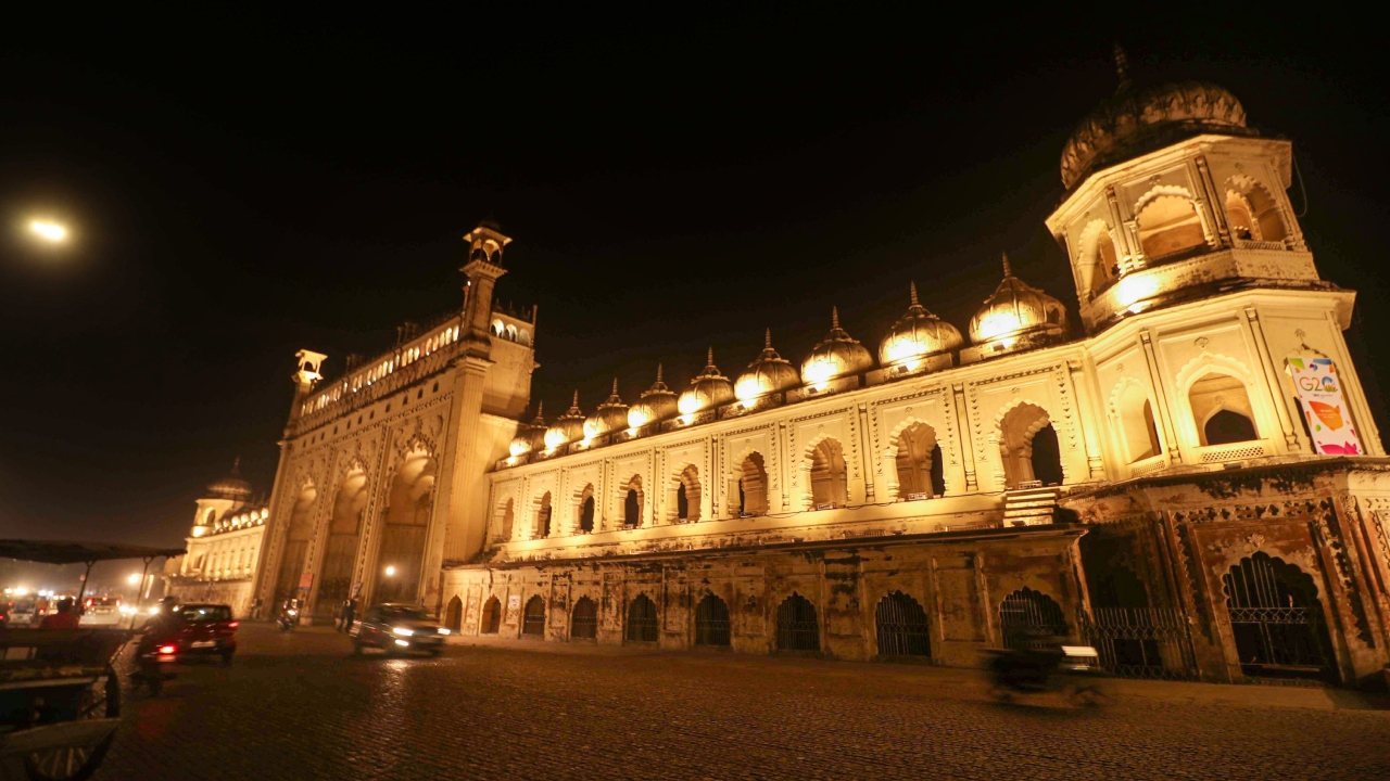 Bara Imambara in Lucknow is illuminated with the logo of G20 Summit 2023. Credit: PTI Photo