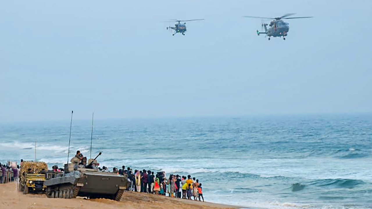 'Operational Demonstration' as part of India Navy Day celebrations in Visakhapatnam. Credit: PTI Photo