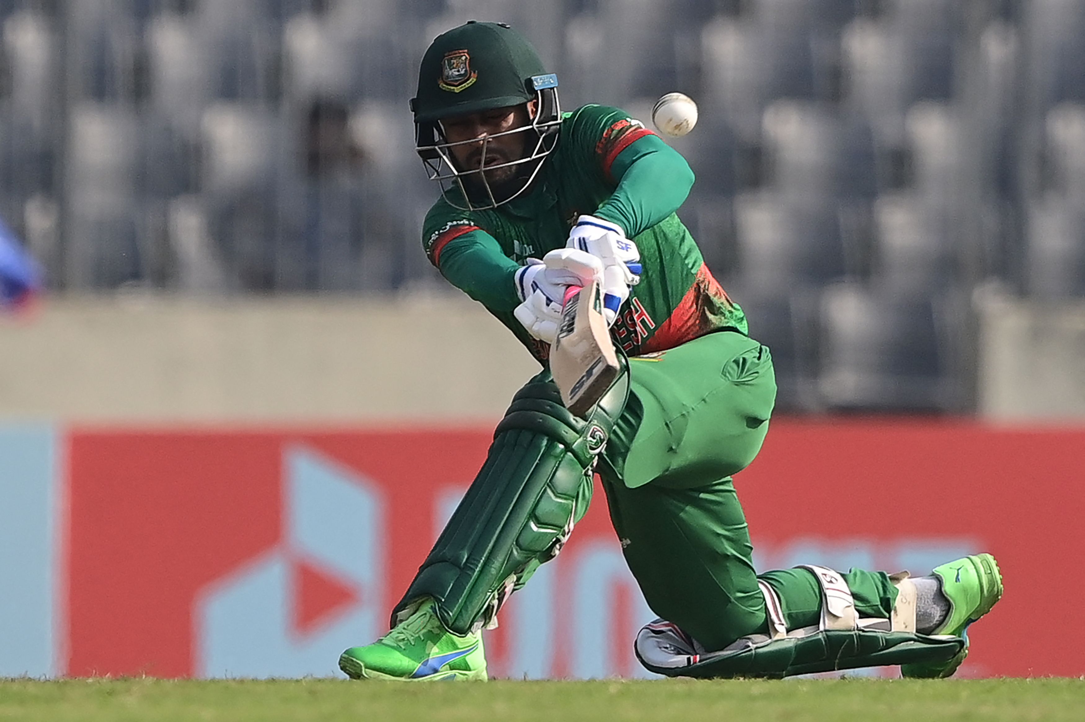Bangladesh's Mehidy Hasan Miraz plays a shot during the second one-day international (ODI) cricket match between Bangladesh and India at the Sher-e-Bangla National Cricket Stadium in Dhaka. Credit: AFP Photo
