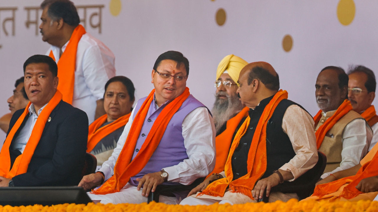 Arunachal Pradesh Chief Minister Pema Khandu, Uttarakhand Chief Minister Pushkar Singh Dhami, Karnataka Chief Minister Basavaraj Bommai and others during the swearing-in ceremony of Gujarat Chief Minister and Cabinet Ministers, in Gandhinagar. Credit: PTI Photo