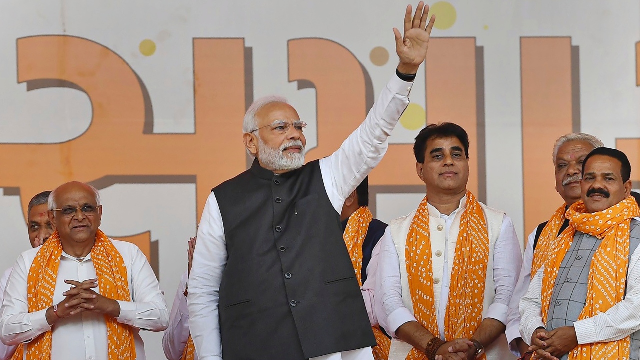 Prime Minister Narendra Modi attends the swearing-in ceremony of Gujarat Chief Minister, in Gandhinagar. Credit: PTI Photo