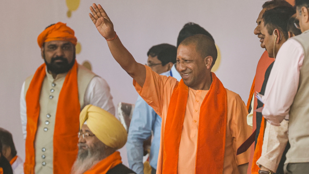 Uttar Pradesh Chief Minister Yogi Adityanath during the oath-taking ceremony of Gujarat Chief Minister and Cabinet Ministers, in Gandhinagar. Credit: PTI Photo