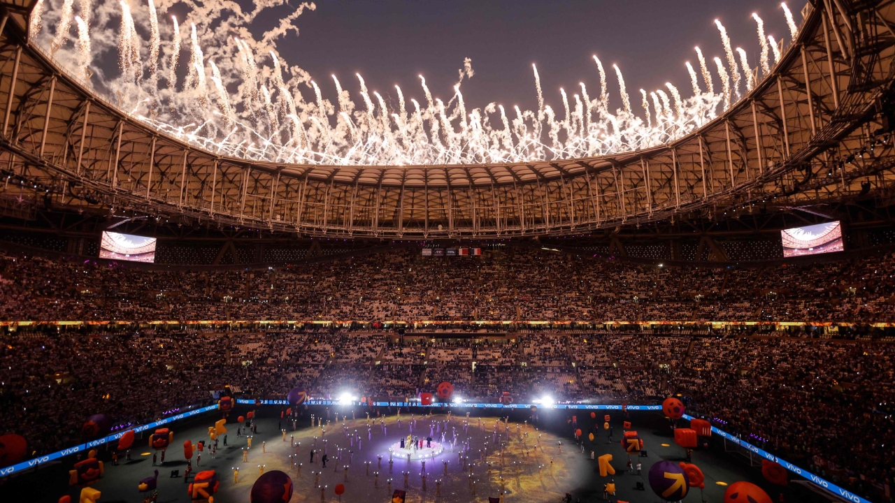Fireworks go off as artists perform during the closing ceremony of the Qatar 2022 World Cup. Credit: AFP Photo