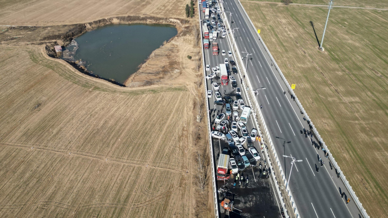 Preliminary estimates from rescuers at the scene are that the pile-up involved more than 200 vehicles and the injured were sent to the hospital for treatment, according to local television. There were no further details regarding casualties or reported injuries. Credit: AFP Photo