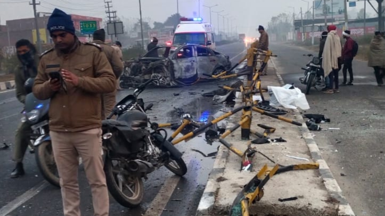According to witnesses, Rishabh's car collided with the railing and caught fire. Credit: PTI Photo