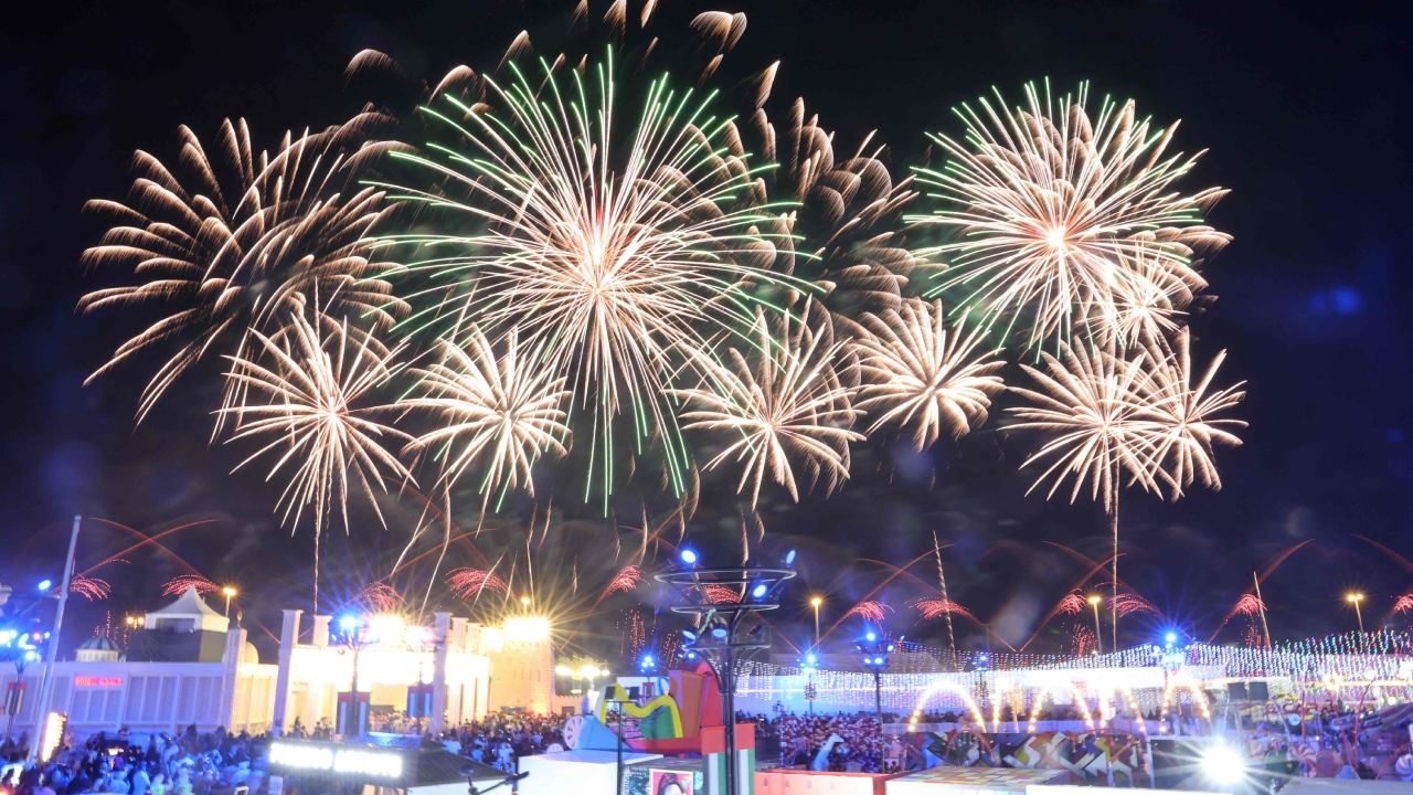Fireworks light the sky during a light and drone show to celebrate the New Year in Al Wathba, near Abu Dhabi. Credit: AFP Photo