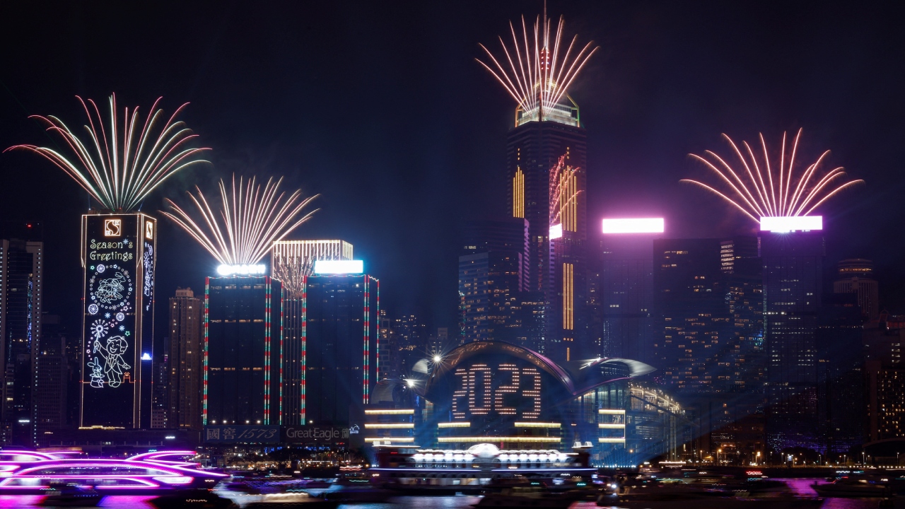 Fireworks explode over Victoria Harbour to celebrate the New Year in Hong Kong. Credit: Reuters Photo