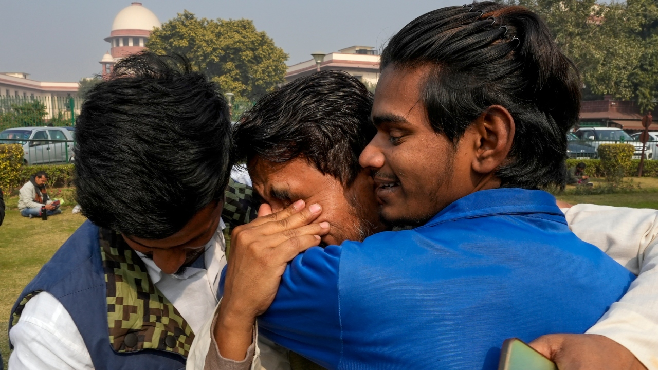 Local people from Haldwani react as they celebrate the Supreme Court order on Haldwani eviction case in New Delhi. Credit: PTI Photo