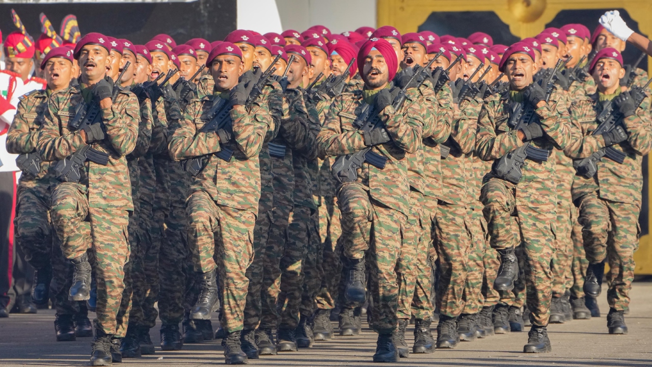 Special Forces commandos march past during the 75th Army Day celebrations at Govinda Swamy Parade Ground in Bengaluru. Credit: PTI Photo