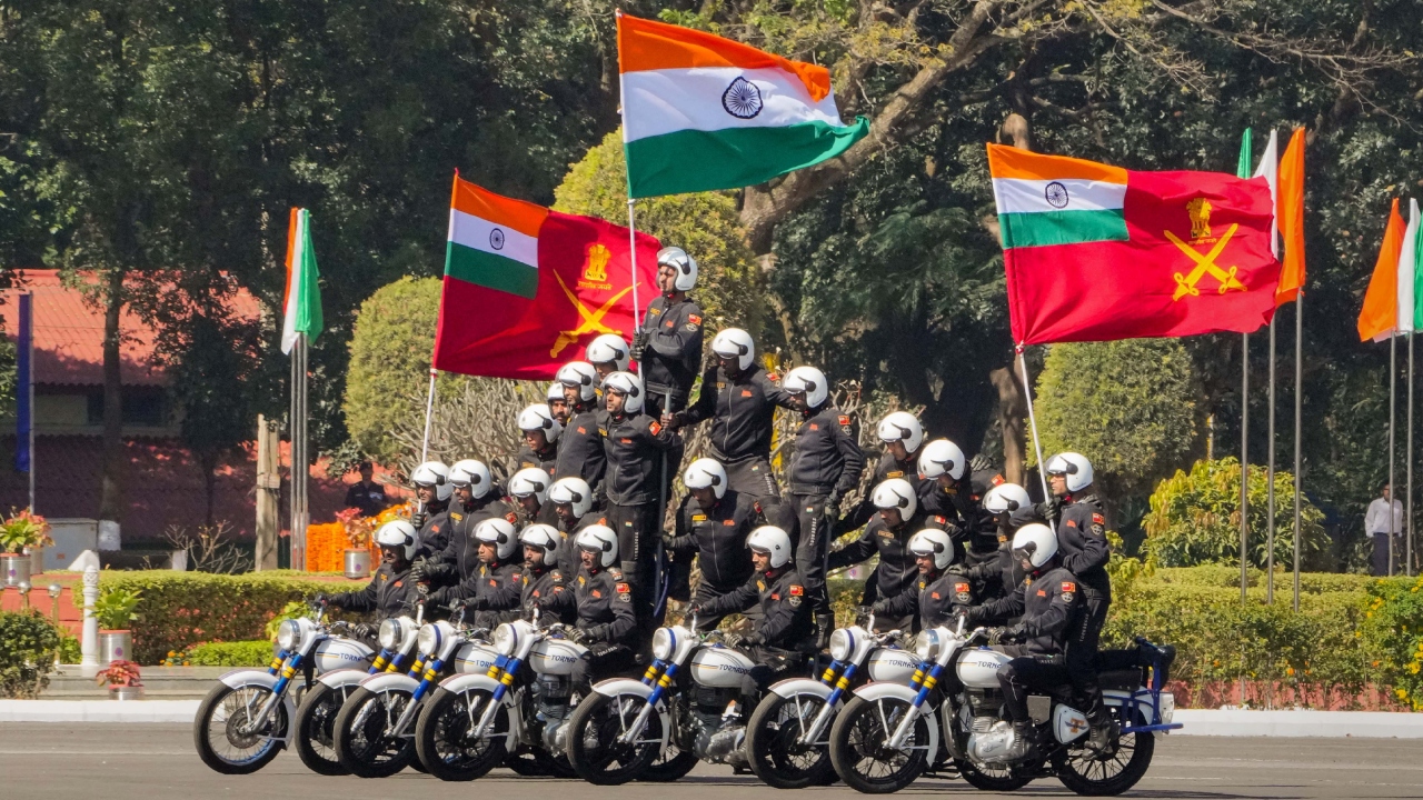 Army Service Corps (ASC) Tornadoes team performs during the 75th Army Day celebrations at Govinda Swamy Parade Ground in Bengaluru. Credit: PTI Photo
