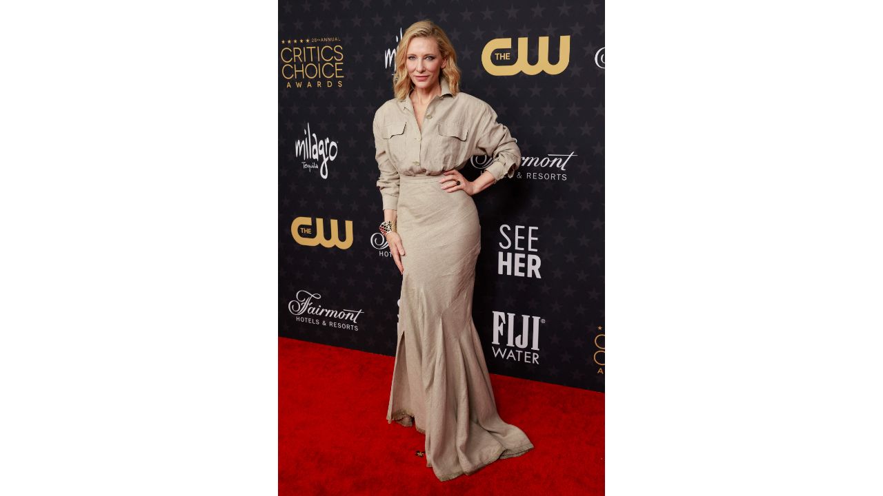 Australian-American actor Cate Blanchett pulled off monochromatic shirt-and-skirt look with ease. Credit: AFP Photo