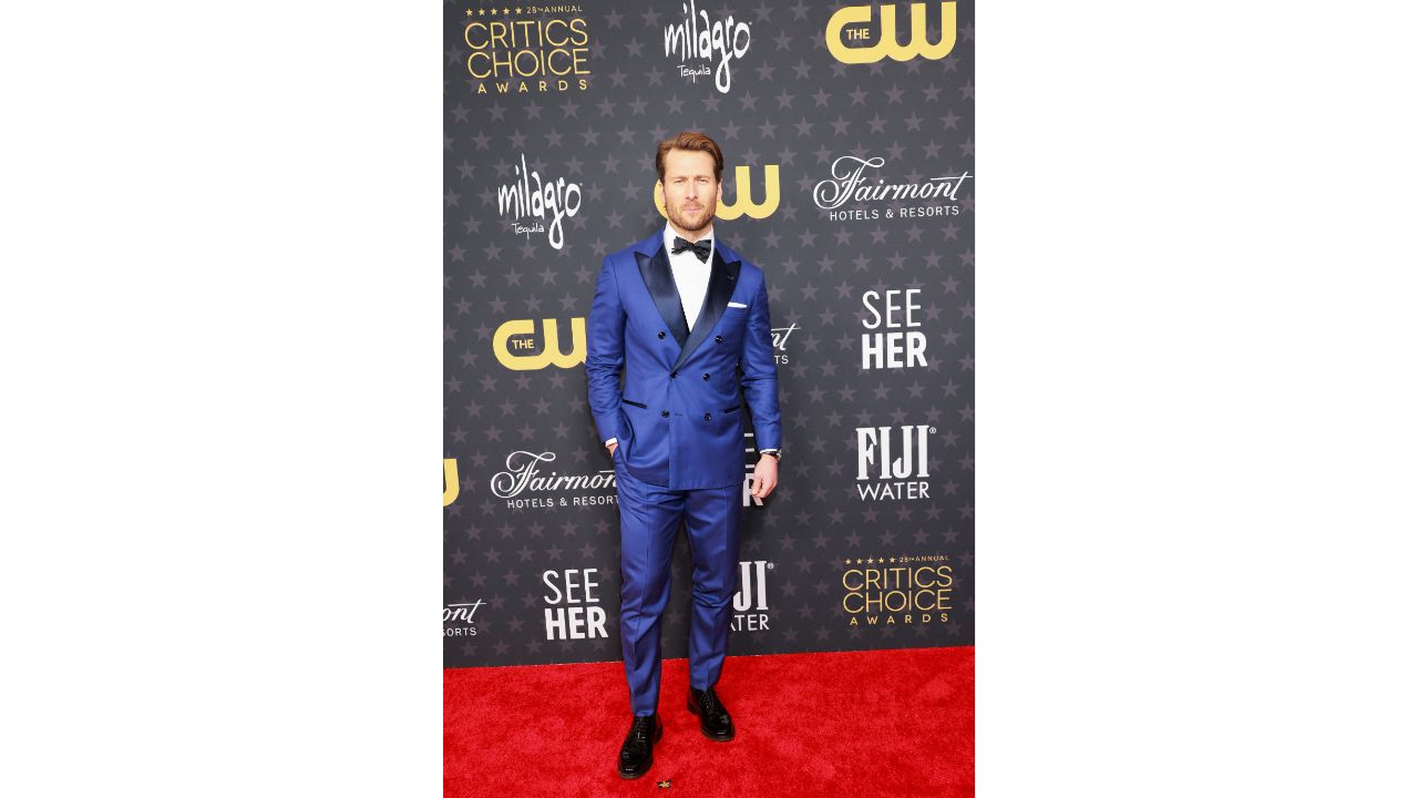Glen Powell opted for a simple yet stylish blue suit with a white shirt, and a bow tie. Credit: Reuters Photo