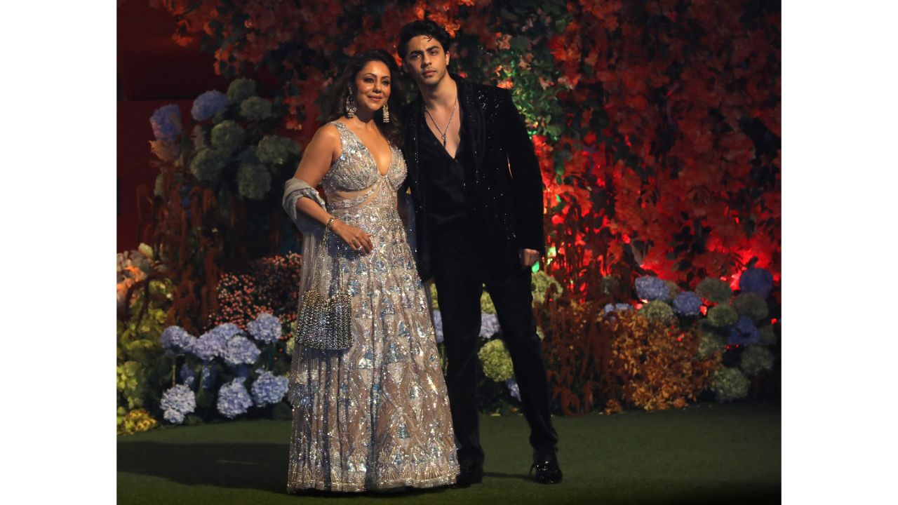 Gauri Khan and Aryan Khan represented the Khan fam at Anant Ambani and Radhika Merchant's engagement ceremony, at Ambani's Antilia residence in Mumbai. Credit: Reuters Photo. Credit: Reuters Photo