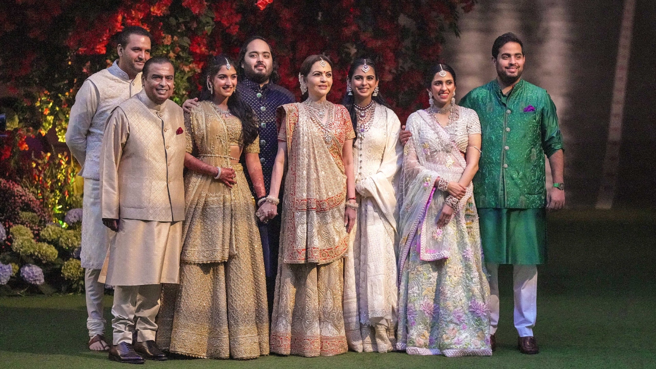 Industrialist Mukesh Ambani and Nita Ambani's youngest son Anant Ambani got engaged to Radhika Merchant in a traditional ceremony -- 'Gol Dhana', 'Chunari Vidhi' followed by exchange of rings on January 19, 2023. Credit: AFP Photo