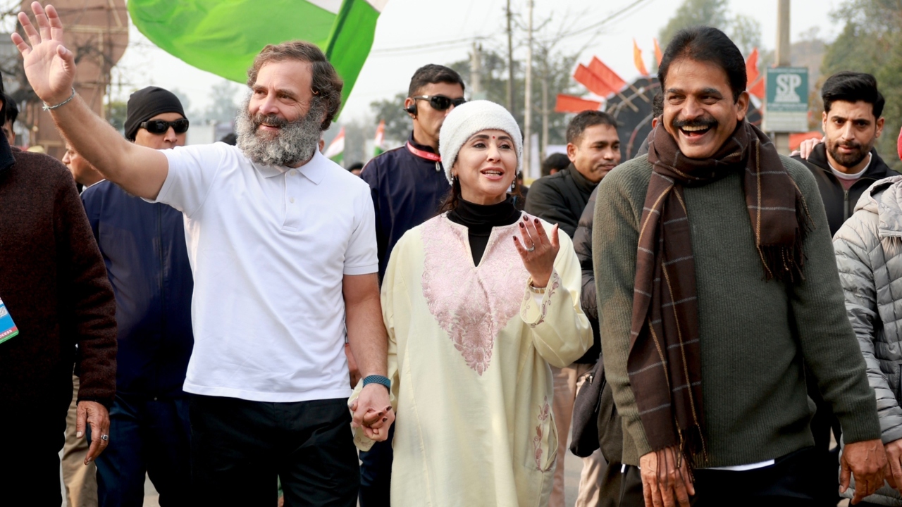 Urmila made her presence felt in the Yatra despite having distanced herself from the Congress party in 2019 citing 'petty in-house politics'. Credit: Twitter/@INCIndia