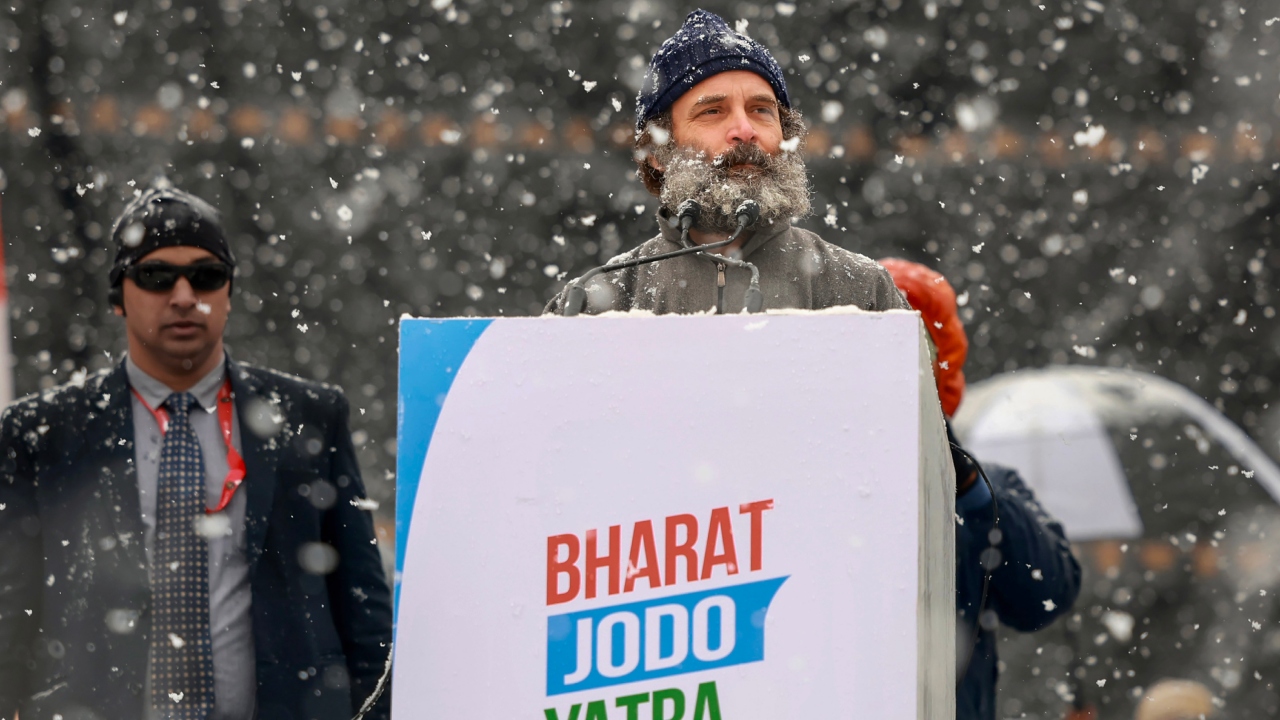 Rahul was seen in a grey pheran as he headed to the Sher-e-Kashmir Cricket stadium for the closing ceremony of the Bharat Jodo Yatra. Credit: PTI Photo