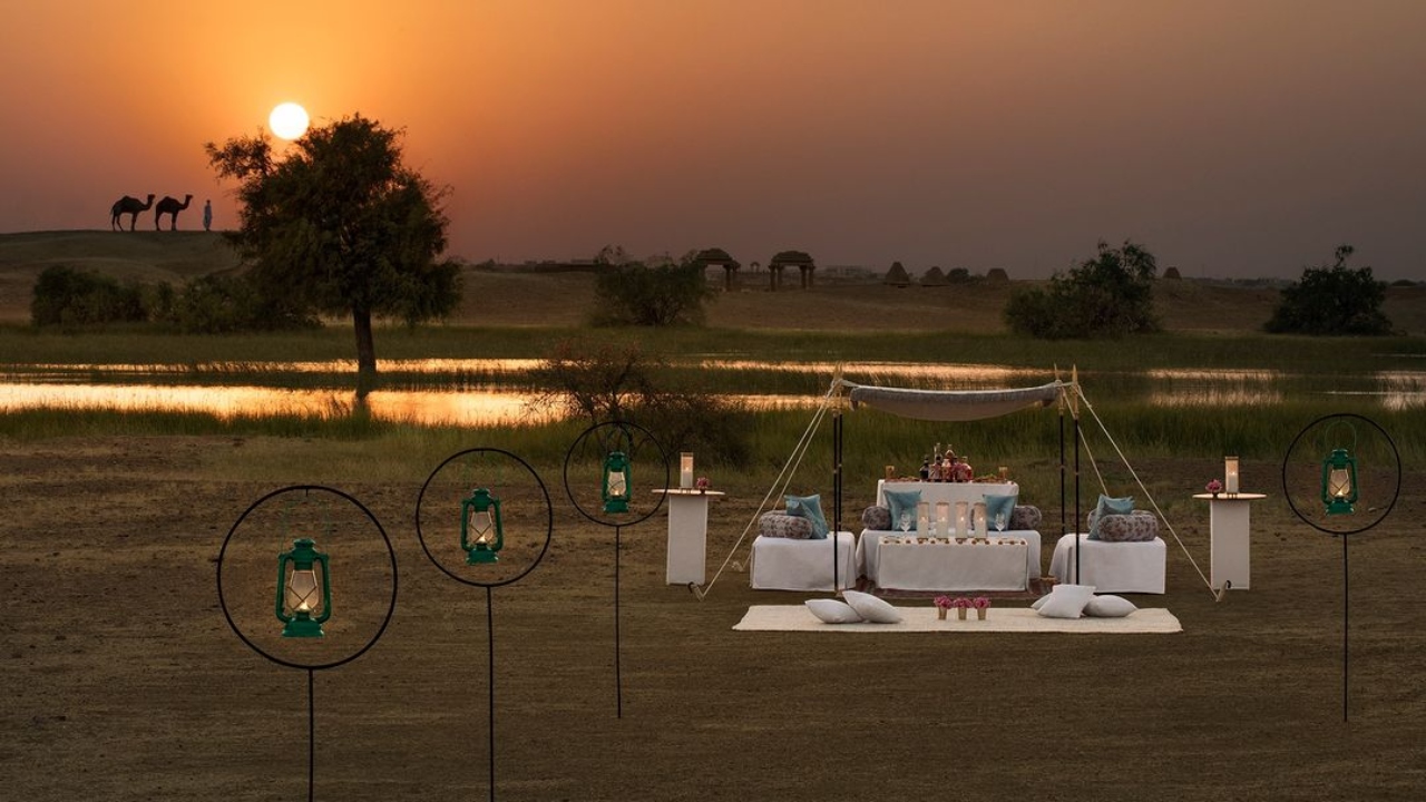 The luxurious fortress is the 'Gateway to the Thar Desert' and is situated in the Sam Sand Dunes part of Jaisalmer in Rajasthan. Credit: Instagram/@suryagarh