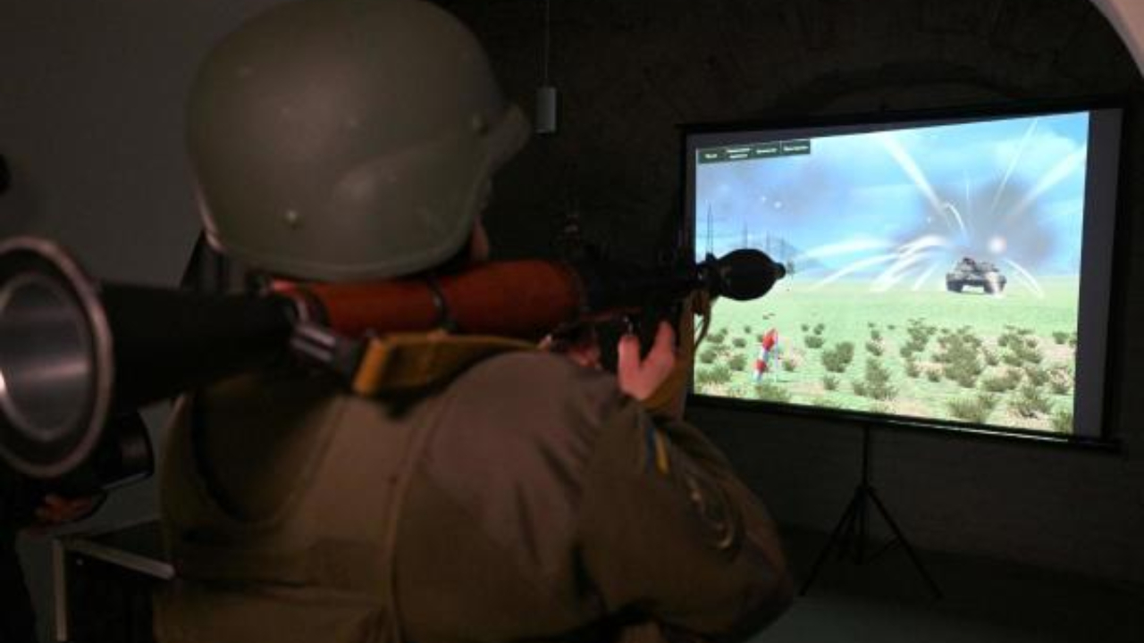 A serviceman of Ukraine's National Guard attends a presentation of the unit's interactive fire training simulator in the western Ukraine city of Lviv. Credit: AFP Photo