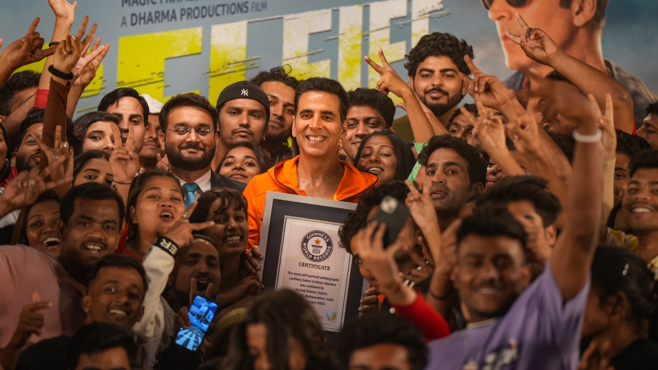 Actor Akshay Kumar created Guinness World Record for the most self-portrait photographs (selfies) taken in three minutes at a meet-and-greet with fans in Mumbai for the promotion of his upcoming movie 'Selfiee' on February 22, 2023. Credit: PTI Photo