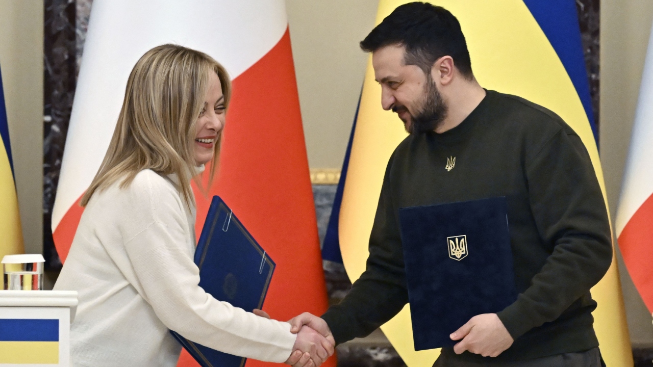 Italian Prime Minister Giorgia Meloni reached the Ukrainian capital onboard a train coming from Poland on February 21. This was her first visit to the war-battered country since taking office in October at the helm of a right-wing coalition. Credit: AFP Photo