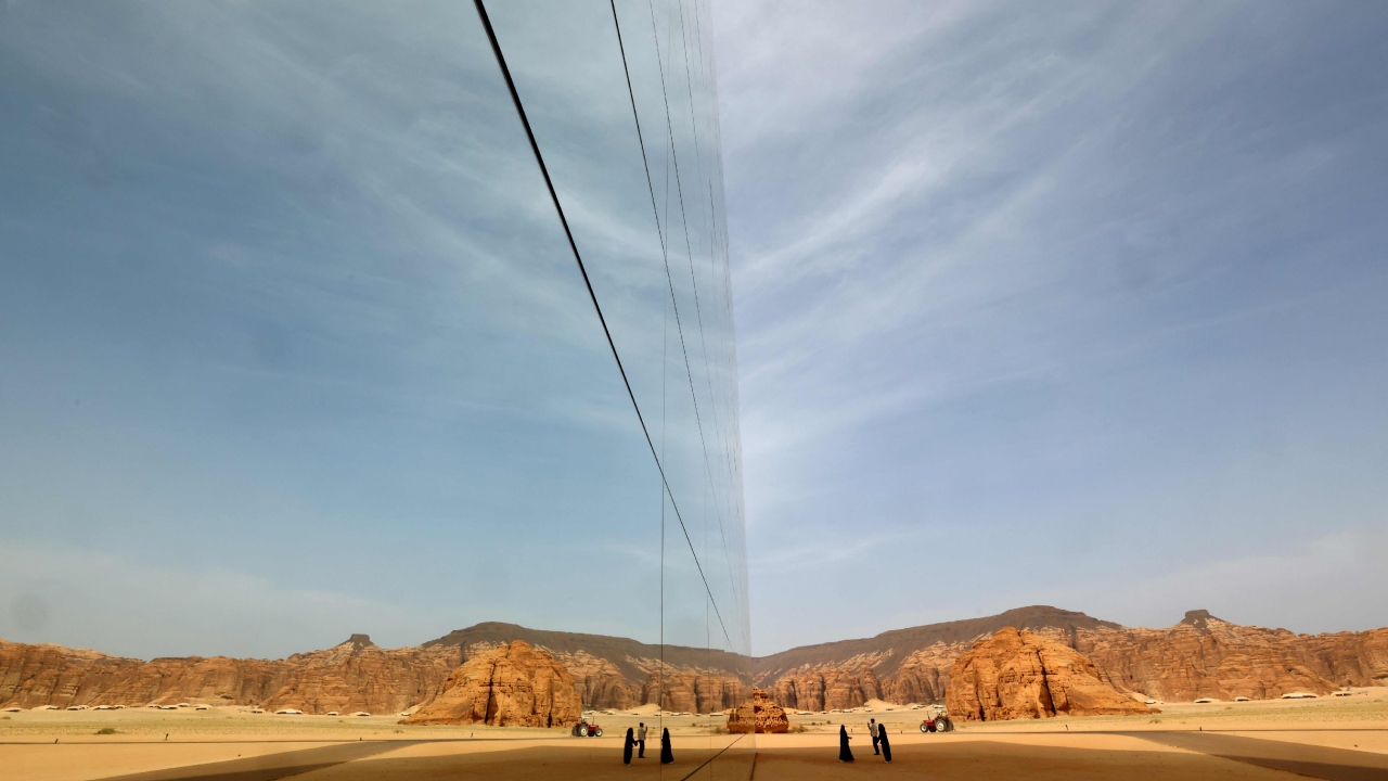 A view shows the Maraya concert hall, the world's largest mirrored building, in the ruins of Al-Ula, a UNESCO World Heritage site in northwestern Saudi Arabia, on February 19, 2023, where an exhibition showing works by the late US artist Andy Warhol is taking place until May 16 of this year. Credit: AFP Photo