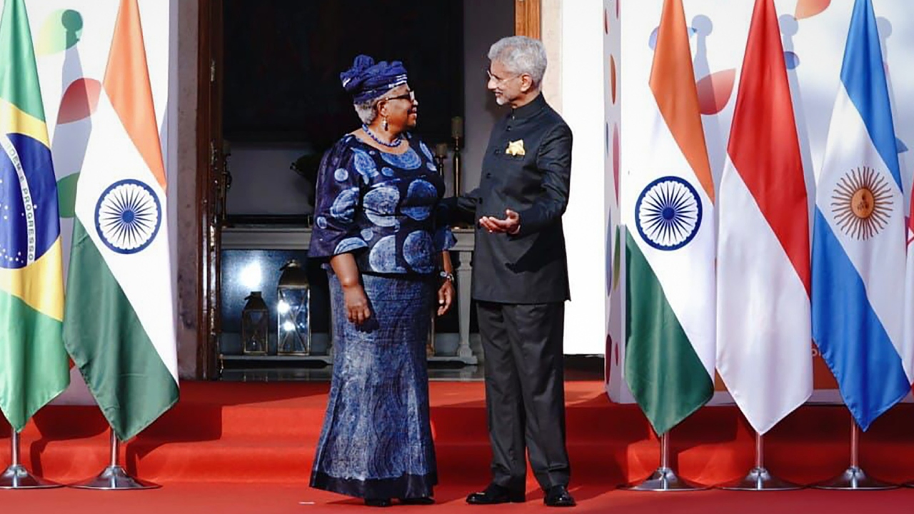 External Affairs Minister S. Jaishankar welcomes WTO Director-General Ngozi Okonjo-Iweala as the latter arrives to attend the G20 Foreign Ministers' Meeting, at RBCC in New Delhi. Credit: PTI Photo