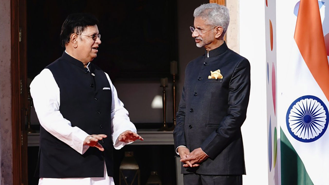 External Affairs Minister S. Jaishankar welcomes Bangladesh’s Foreign Minister A.K. Abdul Momen as the latter arrives to attend the G20 Foreign Ministers' Meeting, at RBCC in New Delhi. Credit: PTI Photo