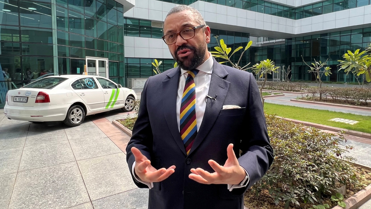 British Foreign Secretary James Cleverly gestures during an interview with Reuters after a bilateral meeting with India's Foreign Minister S Jaishankar on the sidelines of G20 Foreign Ministers' Meeting in New Delhi. Credit: Reuters Photo