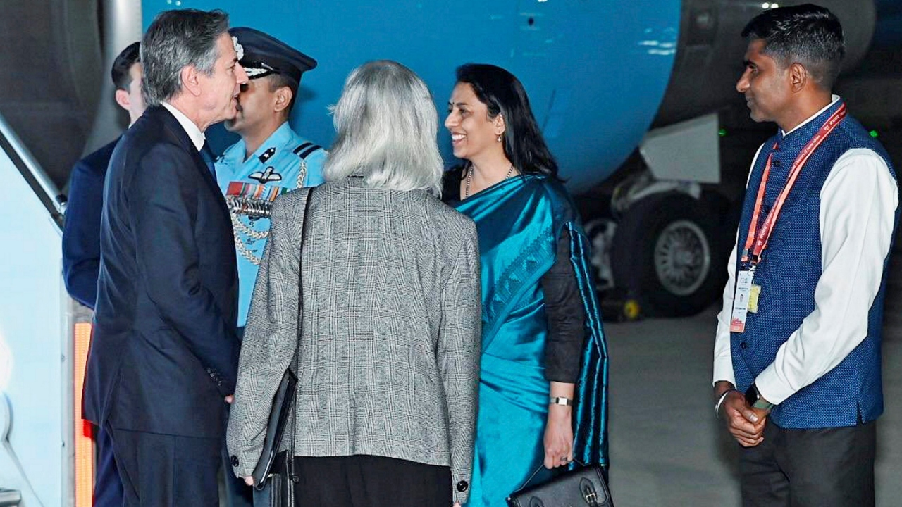 US Secretary of State Antony Blinken arrives in India to participate in the G20 Foreign Ministers’ Meeting, in New Delhi. Credit: PTI Photo