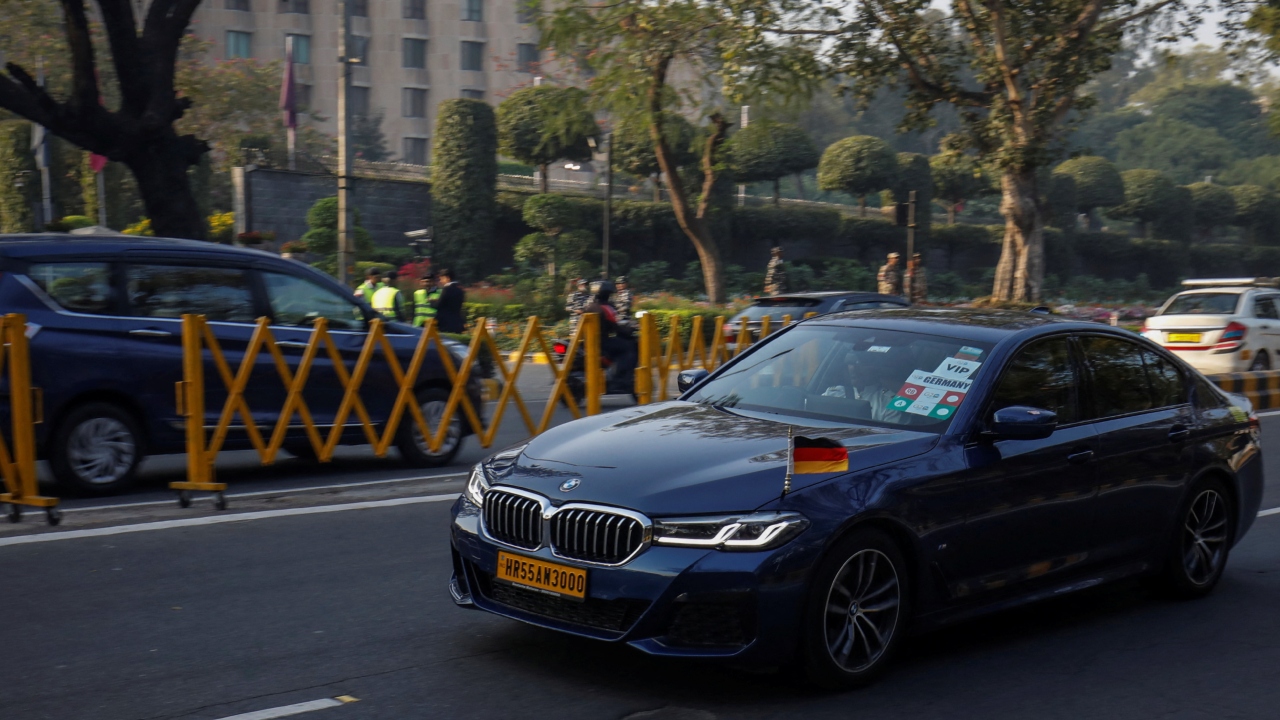 German Foreign Minister Annalena Baerbock leaves her hotel to attend the G20 Foreign Ministers' Meeting in New Delhi. Credit: Reuters Photo