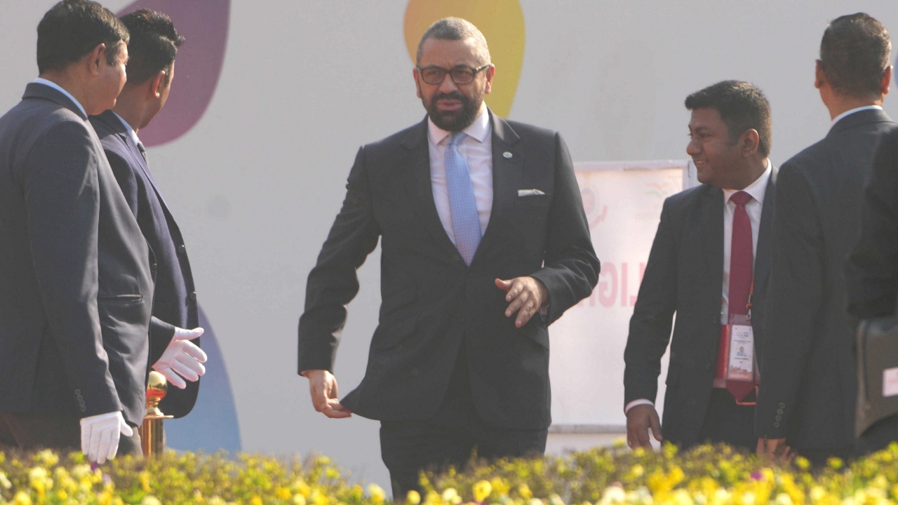 UK Foreign Secretary James Cleverly arrives to attend the G20 Foreign Ministers' Meeting, at RBCC in New Delhi. Credit: PTI Photo