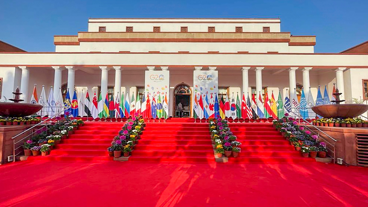 Flags of participating countries put up for the G20 Foreign Ministers' Meeting, at RBCC in New Delhi. Credit: Twitter/@MEAIndia