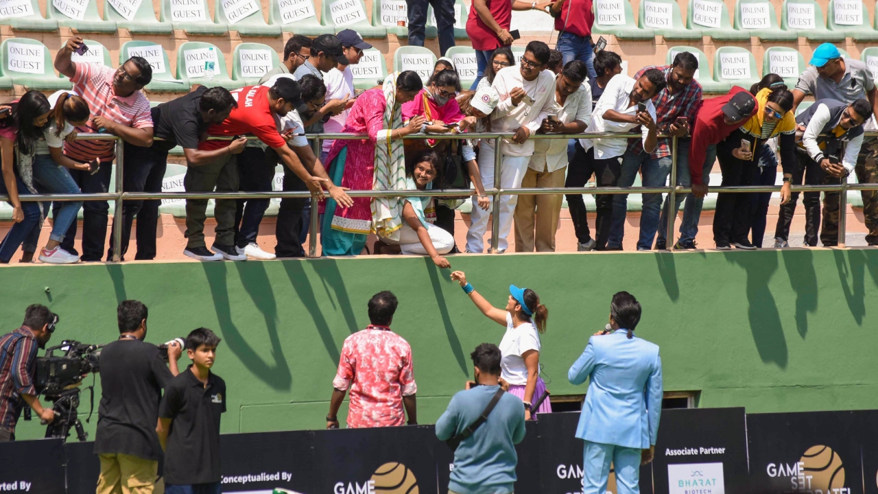 The tennis legend received a rousing welcome from fans during her farewell at the Lal Bahadur Stadium, in Hyderabad. Credit: PTI Photo