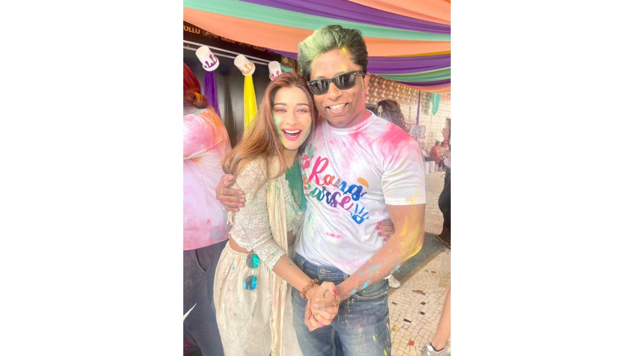 Filmmaker Anand Kumar poses with actress Nyra Banerjee during a Holi party in Mumbai. Credit: Instagram/@officialanandkumar