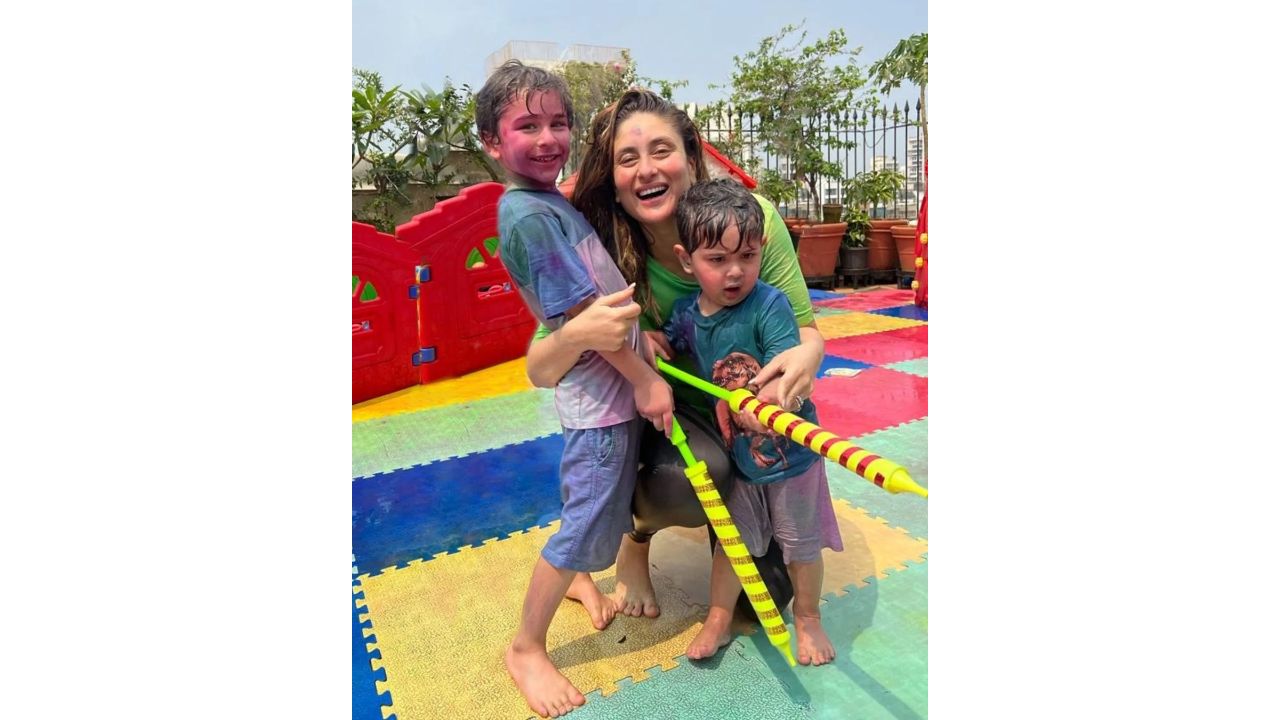Bollywood diva Kareena Kapoor played Holi with her kids Taimur and Jehangir. Daubed in colours, Kareena shared a series of photos on social media. Credit: Instagram/@kareenakapoorkhan