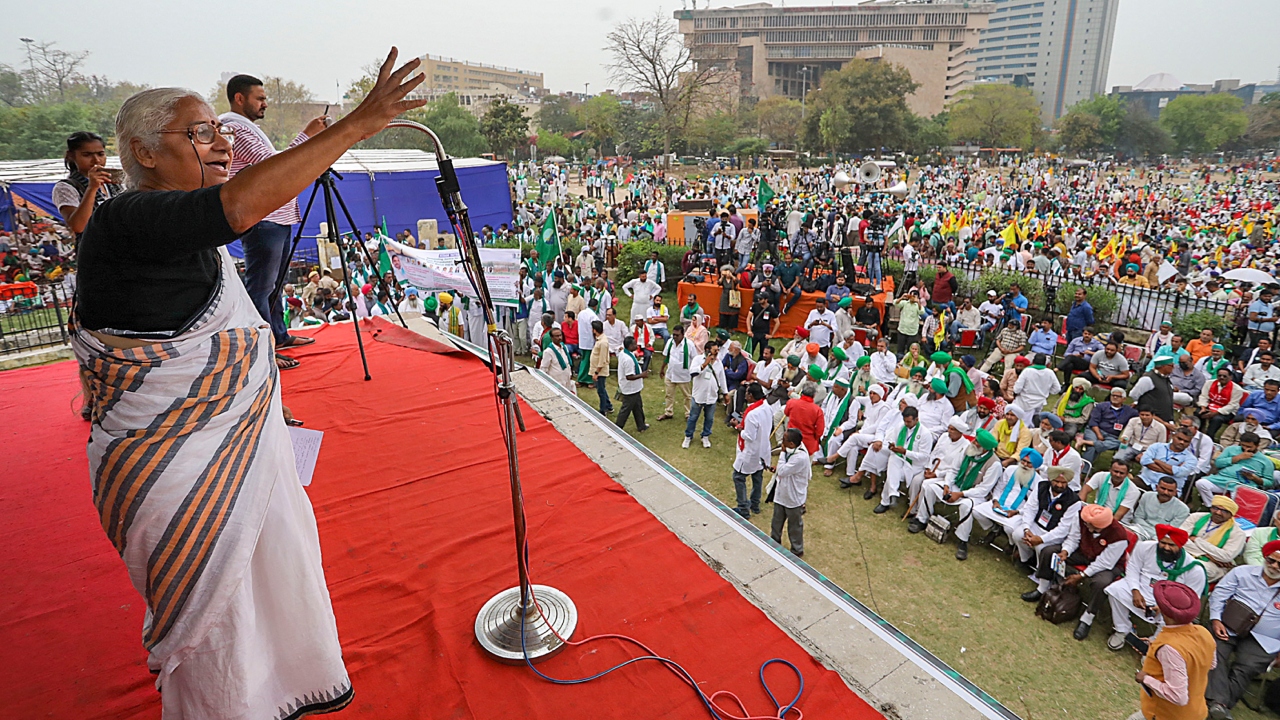 Social activist Medha Patkar speaks during the 'Kisan Mahapanchayat', organised by Samyukt Kisan Morcha (SKM) at Ramlila Maidan in New Delhi. Credit: PTI Photo