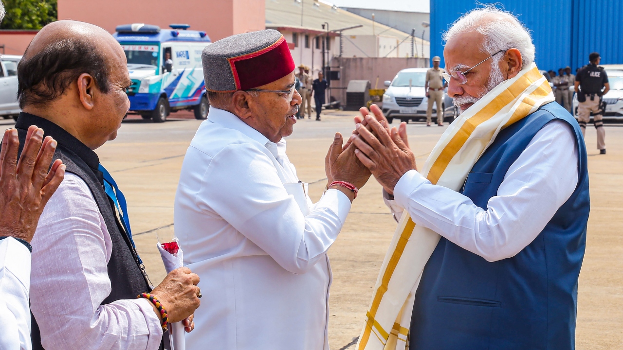 At his arrival at HAL Airport here, the Prime Minister was welcomed by Chief Minister Basvaraj Bommai and the Governor Thawar Chand Gehlot. Credit: PTI Photo