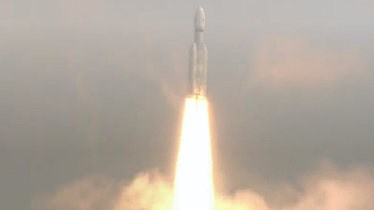 The 43.5-metre tall LVM3 rocket weighs 643 tons and is carrying three dozen satellites and weighs 5,805. Credit: PTI Photo