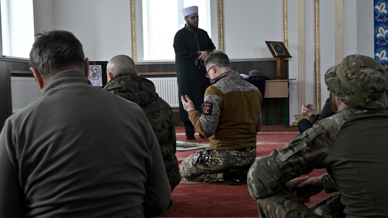 Muslims are observing Ramadan in war-ridden Ukraine for the second year, and most people praying at a mosque near the eastern front line this week were soldiers in camouflage fatigues. Credit: AFP Photo