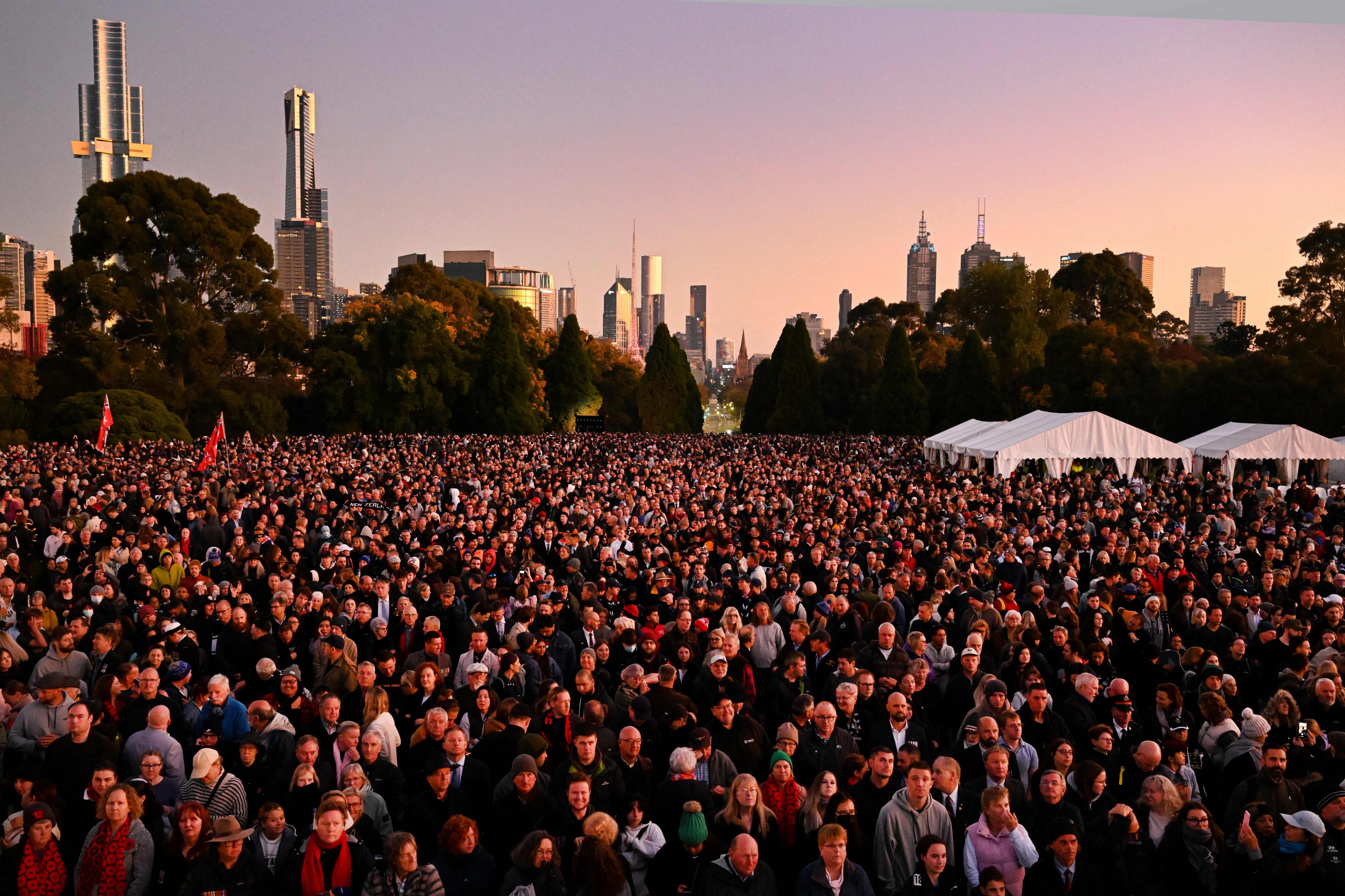 People pay their respects during the Anzac Day dawn service at the Shrine of Remembrance to remember soldiers who have died in war, in Melbourne. Credit: AFP Photo