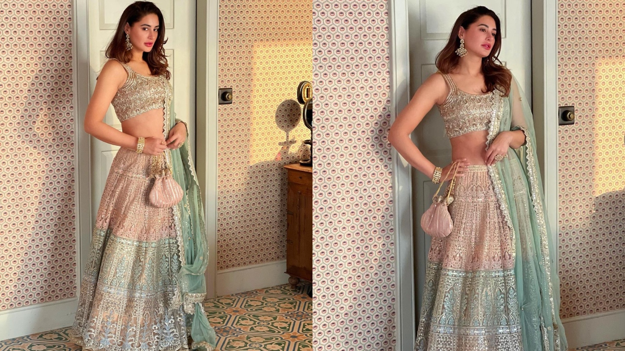 Talk about decadent lehengas she wore a multi tonal pastel gota lehanga with cutwork choli by Bhumika Grover. Credit: Instagram/@nargisfakhri