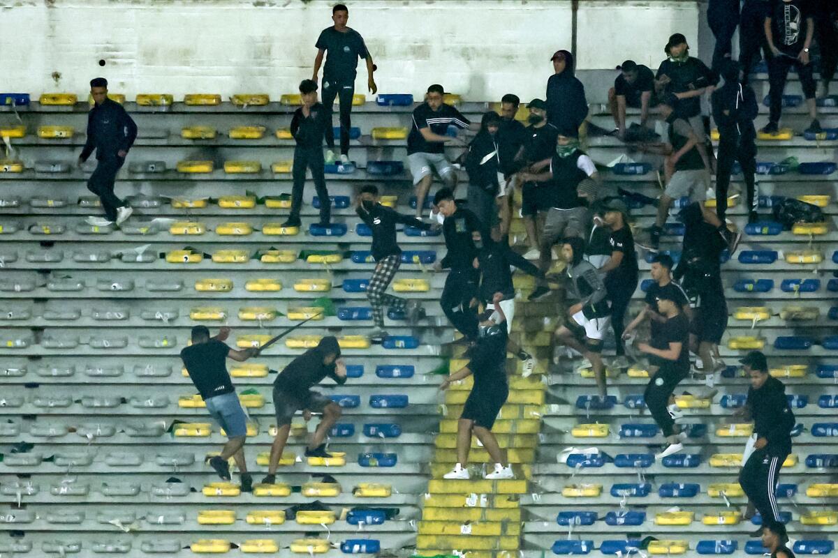 Supporters clash as infighting breaks out amongst Raja fans during the CAF Champions League quarter-final football match between Morocco's Raja Casablanca and Egypt's Al Ahly at Mohammed V Stadium in Casablanca. Credit: AFP Photo
