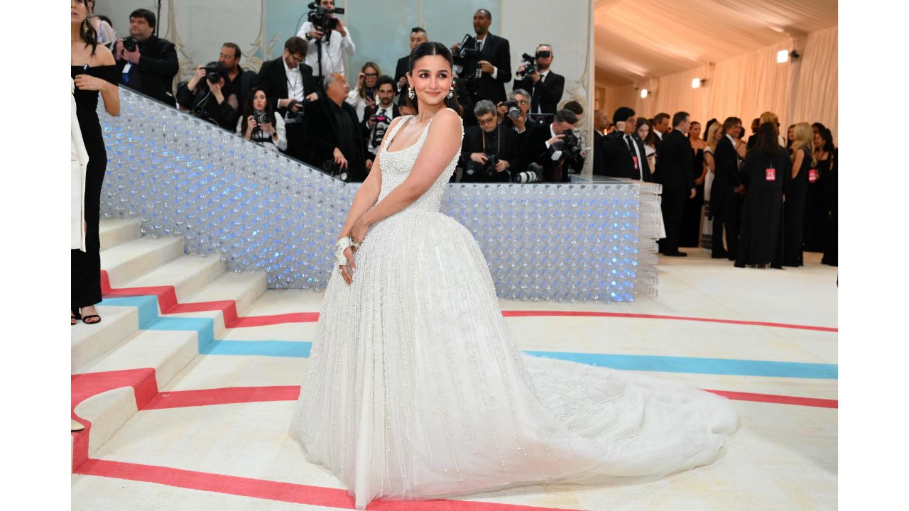 Alia was seen wearing an atelier Prabal Gurung ivory silk tulle and satin ball gown with hand-beaded pearls. Credit: AFP Photo