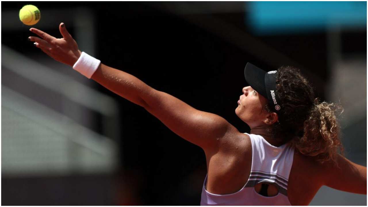 Egypt's Mayar Sherif serves to Belarus' Aryna Sabalenka during their 2023 WTA Tour Madrid Open tennis tournament singles match at Caja Magica in Madrid on May 2, 2023. Credit: AFP Photo