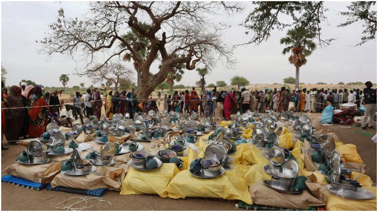 Aid kits destined to Sudanese refugees who crossed into Chad are prepared for distribution in Koufroun, near Echbara, on May 1, 2023. Credit: AFP Photo